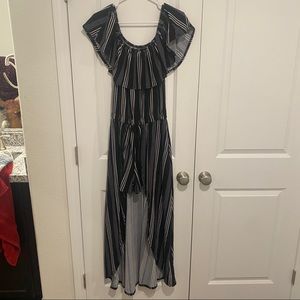 Black and White Stripe HighLow Off Shoulder Romper